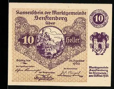 Notgeld Senftenberg 1920, 10 Heller, Burgruine mit Wappen und Gedicht, Serie III