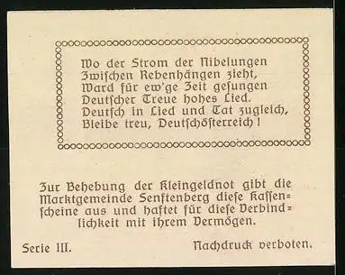 Notgeld Senftenberg 1920, 10 Heller, Burgruine mit Wappen und Gedicht, Serie III