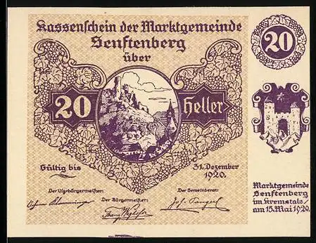 Notgeld Senftenberg 1920, 20 Heller, Burgmotiv und Wappen, Gültigkeit bis 31. Dezember 1920, Serie III