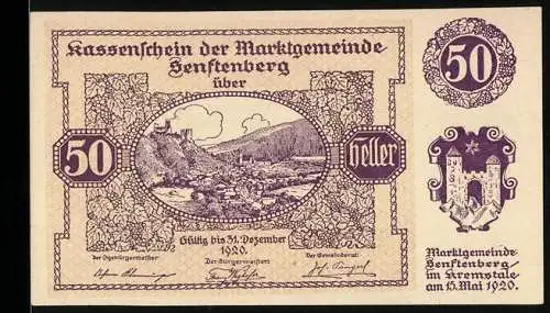 Notgeld Senftenberg 1920, 50 Heller, Landschaft mit Burg und Wappen, Serie III