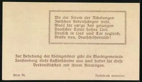 Notgeld Senftenberg 1920, 50 Heller, Landschaft mit Burg und Wappen, Serie III