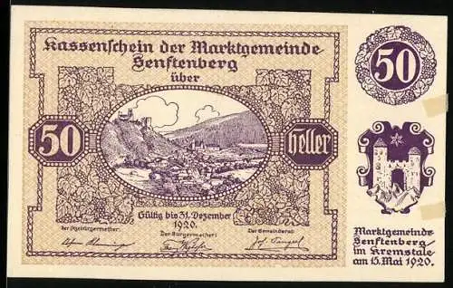 Notgeld Senftenberg 1920, 50 Heller, Landschaft und Burgruine, Gedicht über deutsche Treue