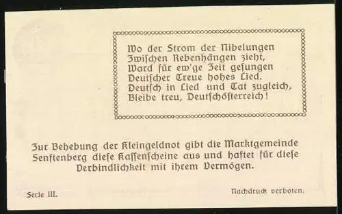 Notgeld Senftenberg 1920, 50 Heller, Landschaft und Burgruine, Gedicht über deutsche Treue