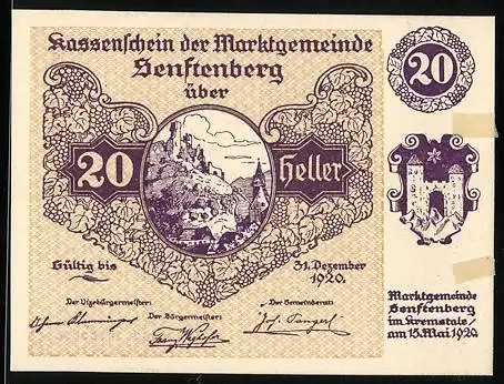 Notgeld Senftenberg 1920, 20 Heller, Burgruine mit Landschaft, Seriennummer und Wappen