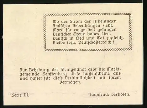 Notgeld Senftenberg 1920, 20 Heller, Burgruine mit Landschaft, Seriennummer und Wappen