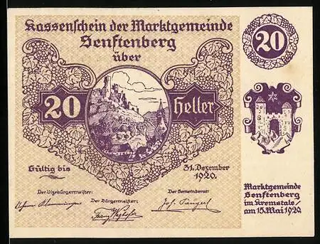 Notgeld Senftenberg 1920, 20 Heller, Burgruine und Stadtwappen, Serie III