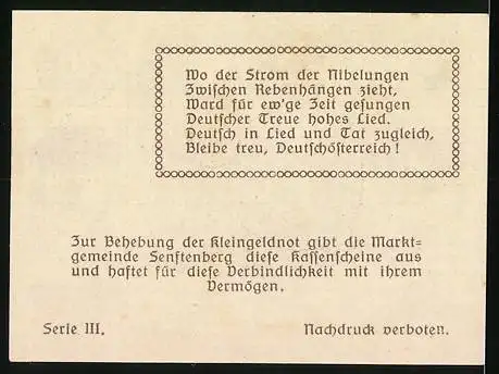 Notgeld Senftenberg 1920, 20 Heller, Burgruine und Stadtwappen, Serie III