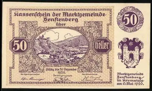 Notgeld Senftenberg 1920, 50 Heller, Landschaftsmotiv mit Burgruine und Wappen der Marktgemeinde