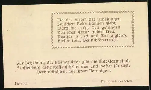 Notgeld Senftenberg 1920, 50 Heller, Landschaftsmotiv mit Burgruine und Wappen der Marktgemeinde