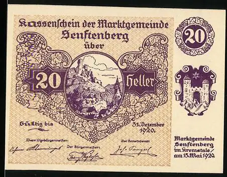 Notgeld Senftenberg 1920, 20 Heller, Landschaftsmotiv und Wappen, Serie III