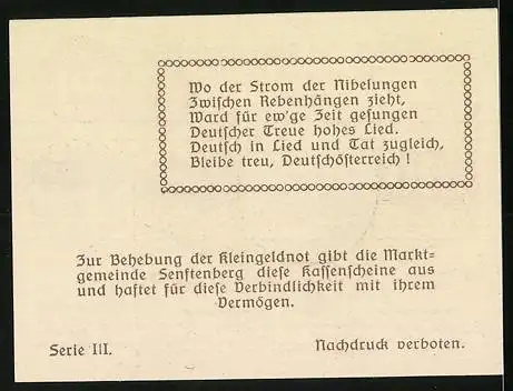 Notgeld Senftenberg 1920, 20 Heller, Landschaftsmotiv und Wappen, Serie III