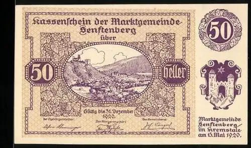 Notgeld Senftenberg 1920, 50 Heller, Stadtansicht und Wappen, Serie III