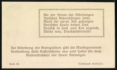 Notgeld Senftenberg 1920, 50 Heller, Stadtansicht und Wappen, Serie III