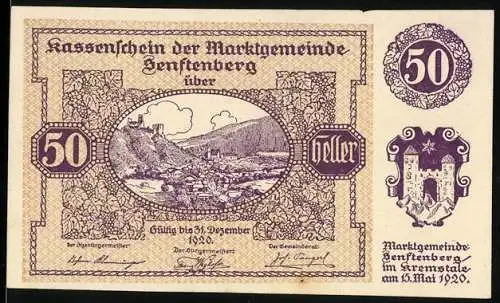 Notgeld Senftenberg 1920, 50 Heller, Burg und Landschaftsmotiv, Gedichttext, Serie III