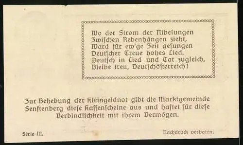 Notgeld Senftenberg 1920, 50 Heller, Burg und Landschaftsmotiv, Gedichttext, Serie III