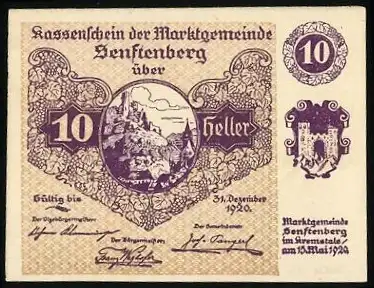 Notgeld Senftenberg 1920, 10 Heller, Burgruine und Landschaftsmotiv, Serie III, Wappen und Gedicht