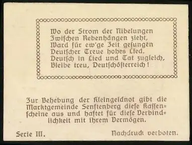 Notgeld Senftenberg 1920, 10 Heller, Burgruine und Landschaftsmotiv, Serie III, Wappen und Gedicht