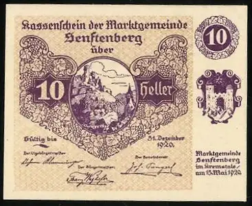 Notgeld Senftenberg 1920, 10 Heller, Burgruine und Landschaftsmotiv