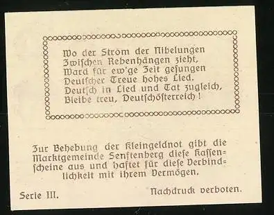 Notgeld Senftenberg 1920, 10 Heller, Burgruine und Landschaftsmotiv