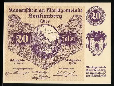 Notgeld Senftenberg 1920, 20 Heller, Burglandschaft und Wappen, Serie III