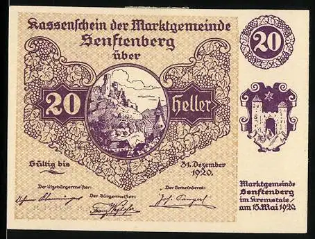 Notgeld Senftenberg 1920, 20 Heller, Burgruine-Motiv, Serie III, Gültig bis 31. Dezember 1920