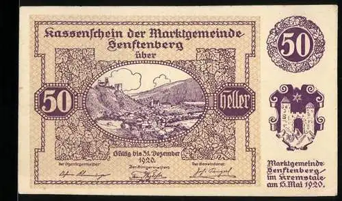 Notgeld Senftenberg 1920, 50 Heller, Landschaftsansicht und Stadttor mit Wappen