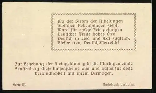 Notgeld Senftenberg 1920, 50 Heller, Landschaftsansicht und Stadttor mit Wappen