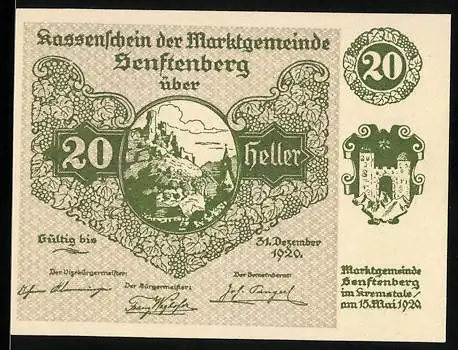 Notgeld Senftenberg 1920, 20 Heller, Burgmotiv mit Gedicht und Wappen, Serie II