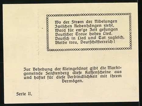 Notgeld Senftenberg 1920, 20 Heller, Burgmotiv mit Gedicht und Wappen, Serie II