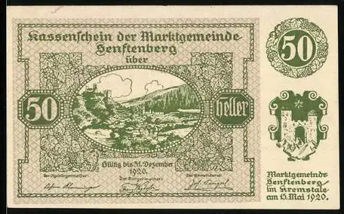 Notgeld Senftenberg 1920, 50 Heller, Landschaftsmotiv mit Burg und Stadtansicht, Wappen und Text