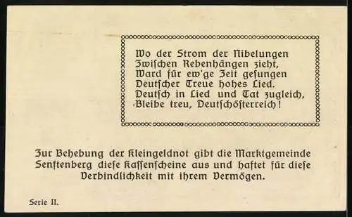 Notgeld Senftenberg 1920, 50 Heller, Landschaftsmotiv mit Burg und Stadtansicht, Wappen und Text