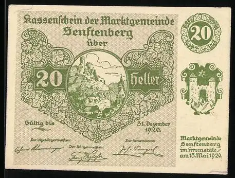 Notgeld Senftenberg 1920, 20 Heller, Landschaftsmotiv mit Burg und Wappen, Serie II