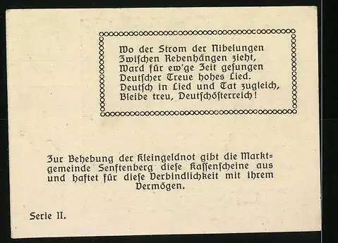 Notgeld Senftenberg 1920, 20 Heller, Landschaftsmotiv mit Burg und Wappen, Serie II