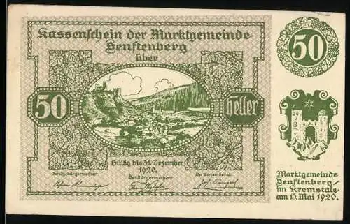 Notgeld Senftenberg 1920, 50 Heller, Burgruine und Talblick, Serie II, Gedicht über Nibelungenstrom