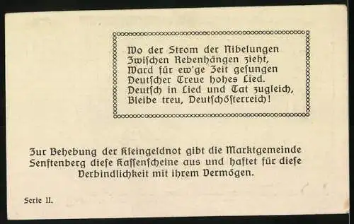 Notgeld Senftenberg 1920, 50 Heller, Burgruine und Talblick, Serie II, Gedicht über Nibelungenstrom