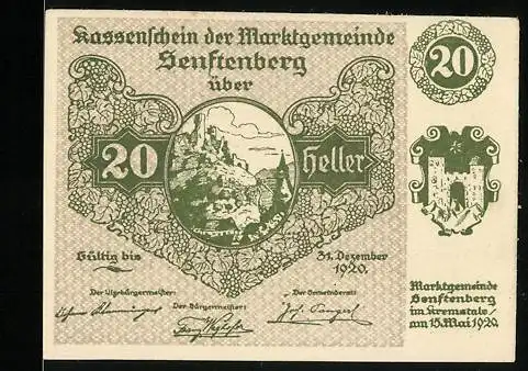 Notgeld Senftenberg 1920, 20 Heller, Burgruine mit Gedicht und Wappen, Serie II