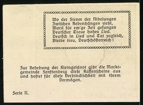 Notgeld Senftenberg 1920, 20 Heller, Burgruine mit Gedicht und Wappen, Serie II