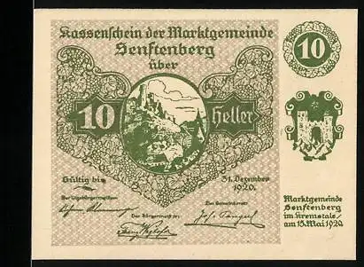 Notgeld Senftenberg 1920, 10 Heller, Burgansicht und Wappen, Serie II