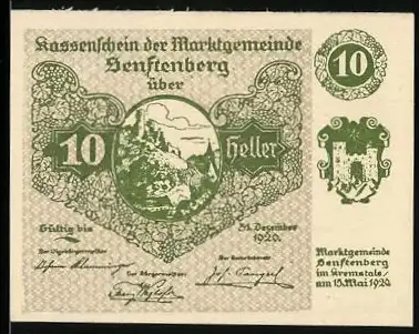 Notgeld Senftenberg 1920, 10 Heller, Burgansicht und Text über deutsche Treue, Serie II