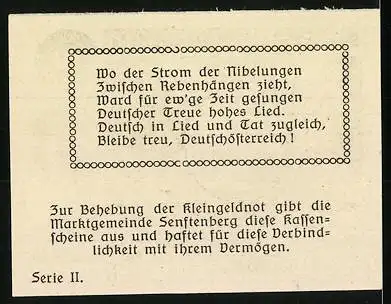 Notgeld Senftenberg 1920, 10 Heller, Burgansicht und Text über deutsche Treue, Serie II