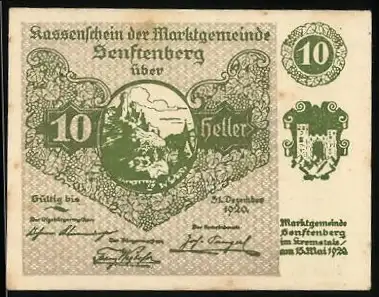 Notgeld Senftenberg 1920, 10 Heller, Landschaftsmotiv und Wappen, Serie II