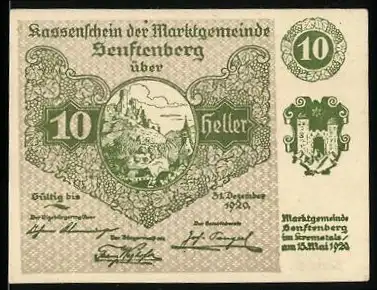 Notgeld Senftenberg 1920, 10 Heller, Landschaft mit Burg und deutsches Treuelied, Serie II