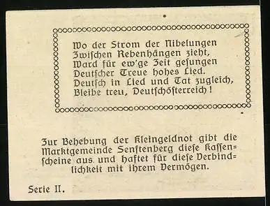 Notgeld Senftenberg 1920, 10 Heller, Landschaft mit Burg und deutsches Treuelied, Serie II