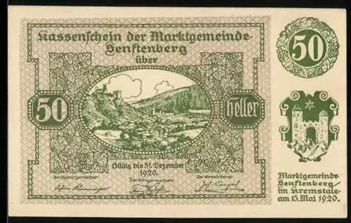 Notgeld Senftenberg 1920, 50 Heller, Landschaftsmotiv mit Burg und Gedicht, Serie II