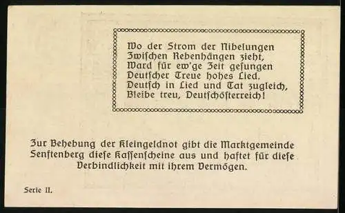 Notgeld Senftenberg 1920, 50 Heller, Landschaftsmotiv mit Burg und Gedicht, Serie II