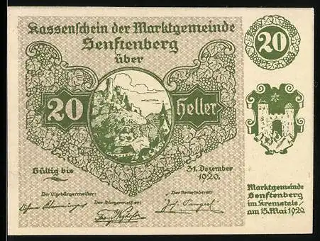 Notgeld Senftenberg 1920, 20 Heller, Landschaftsmotiv mit Burg, Gedicht über deutsche Treue, Serie II