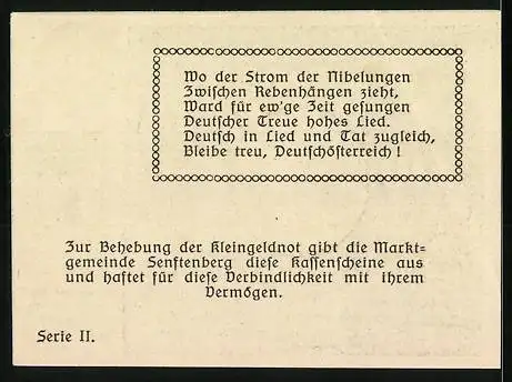 Notgeld Senftenberg 1920, 20 Heller, Landschaftsmotiv mit Burg, Gedicht über deutsche Treue, Serie II