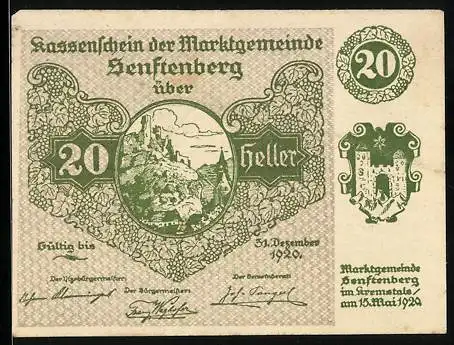 Notgeld Senftenberg 1920, 20 Heller, Burglandschaft und Wappen, Serie II