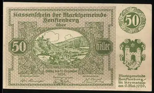 Notgeld Senftenberg 1920, 50 Heller, Landschaftsansicht und Wappen, Serie II