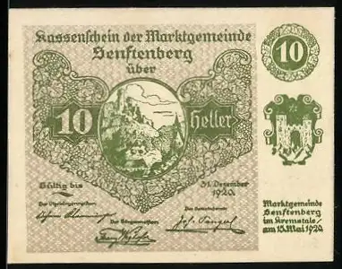 Notgeld Senftenberg 1920, 10 Heller, Landschaftsmotiv und Wappen, Serie II